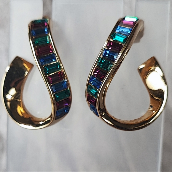 Swarovski Signed Baguette Multi Color Rhinestone Curled Gold Tone Hoop Earrings - Picture 7 of 12